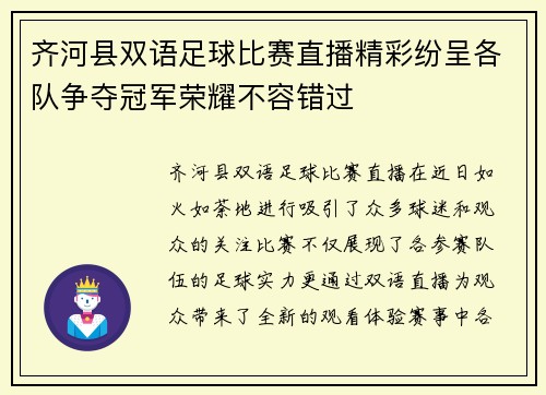 齐河县双语足球比赛直播精彩纷呈各队争夺冠军荣耀不容错过