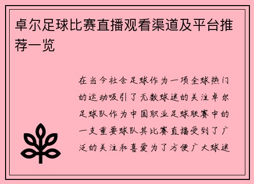 卓尔足球比赛直播观看渠道及平台推荐一览